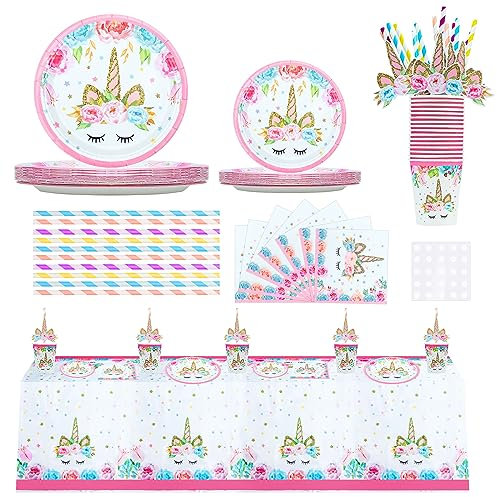 GOTFUN Einhorn Geburtstag Party Geschirr Set, Einhorn Teller Set für Mädchen Kindergeburtstag Deko (16 Gäste, Rosa, Weiß, Tierdruck, 97 Stück)