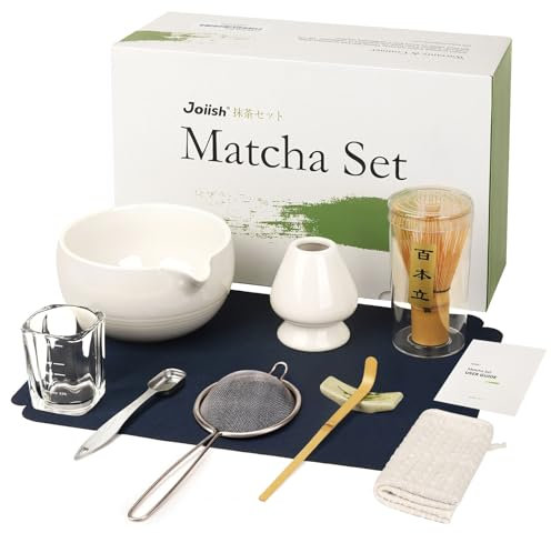 Joiish Matcha Tea Kit 10-Pcs Set, Whisk and Bowl with Spout & Measuring Spoon, Japanese Tea Making Tools, White