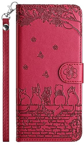 FALUWONRU for iPhone 14 Wallet Case,Fence Cats Butterfly Flower Embossed PU Leather Flip Phone Case with Card Slots,Magnetic Protective Cover with Holder Kickstand,Burgundy