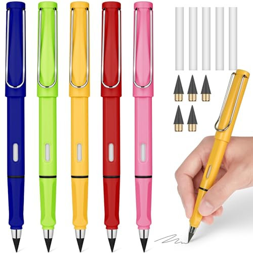 OFFCUP Metall Tintenlose Bleistifte, 5 Stück Tintenloser Bleistift mit Radiergummi, Magic Pencil mit 5 Stück Wechselkopfm, Klares und Flüssiges Schreiben für Erwachsene Studenten Künstler(Farbe)