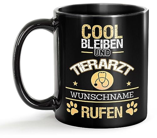 Tassendruck Schwarze Tasse für Tierarzt mit Name - Cool bleiben und Name rufen - Geschenk für Kollegen zum Geburtstag | Personalisierte Geschenke, Keramik Schwarz, 300 ml