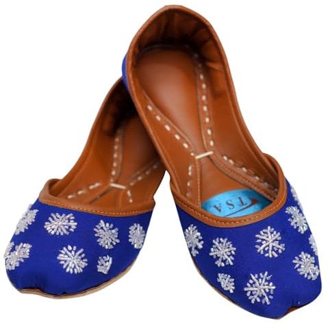 Women Ladies Traditional Embroidery Ethnic Bridal Handmade Leather Royal Blue Flat Khussa Indian Pumps Slip On Shoes (6)