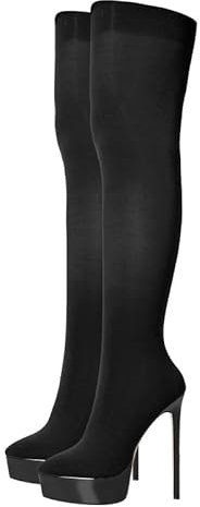 MissHeel plateau Stivali elastici sopra il ginocchio Tacco a centesimo Calza Stivali a gambo lungo, Nero , 45 EU