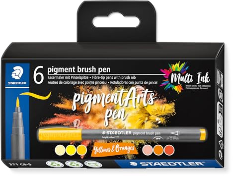 STAEDTLER 371 C6-5 Pigment Arts Brush Pen - Assorted Yellow & Orange Colours (Pack of 6)