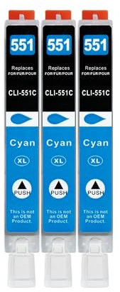 3 XXL Druckerpatronen kompatibel zu CLI-551 C Cyan für Canon PIXMA IP7250 IP8750 MG5450 MG5550 MG5650 MG6350 MG6450 MG6650 MG7150 MG7550 MX725 MX925 IX6850