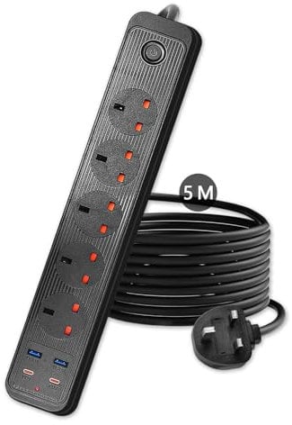 5M Extension Lead with USB Slots(2 Type C and 2 USB), Extra long extension lead 5m, Extension cable,Black extension lead 5m For Home Dorm Office Extension