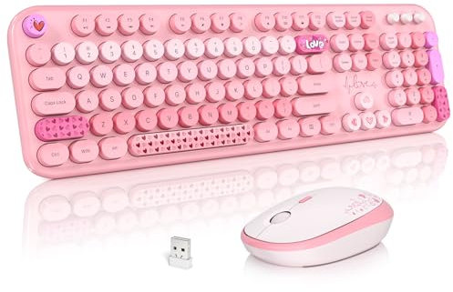 Atelus Teclado y mouse inalámbricos, teclado retro de máquina de escribir de tamaño completo y 3 ratones DPI ajustables para Windows 7/8/10, laptop, escritorio, PC, computadora (rosa colorido)