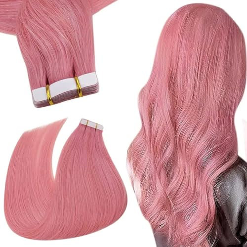 Tape-in-Extensions mit lockigem Haar, rosa, echtes Menschenhaar, 40 Stück, 100 g, unsichtbare Seiten, PU-Haar, Pfirsich, für modebewusste Frauen(Pink,18in-45cm)
