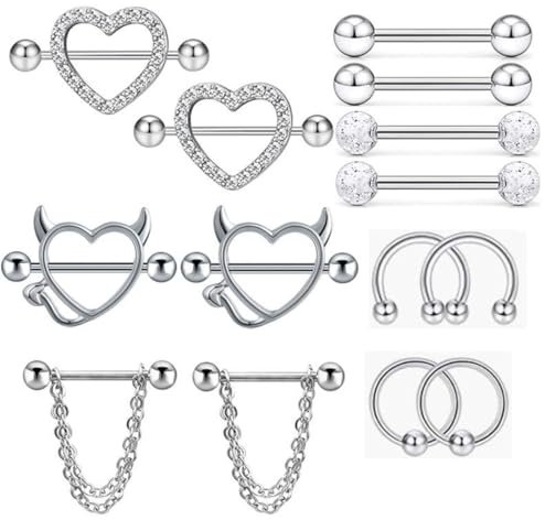 WUMZIRA 7 Paar 14G Nippelpiercing Chirurgenstahl für Damen Brustwarzenpiercing Zungenpiercing Edelstahl Nippel Piercing Schmetterling Herz Barbell Piercing Körperschmuck Set für Frauen Mädchen
