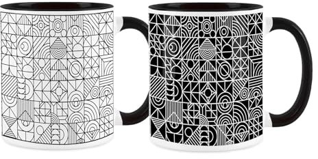 Purely Home Geometric Mugs Set - Black & White Monochrome Patterned Black Cups Set of 2 - Tea Coffee Gift/Present Ceramic Mug