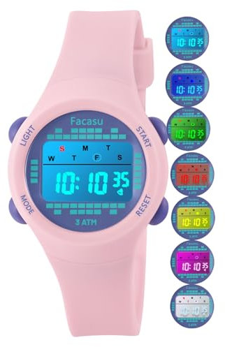 Facasu Montre Digitale Enfants,Montre Filles Garçon,Montre Étanche Numérique Sport et Colorée Lumière avec Alarme chronomètre Cadeaux pour Enfants