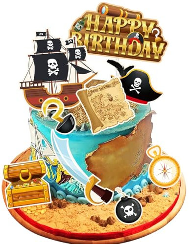 Vezerd Tortendeko Geburtstag, 9 Stück Piraten Kuchen Deko Tortenaufleger für Kindergeburtstag, Piratenschiff Piratenhut Happy Birthday Torten deko Cupcake Topper für Mädchen Junge
