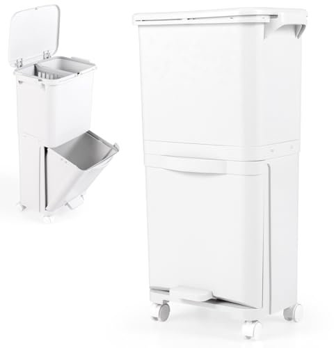 COSTWAY Recycling Bins, 40L Pedal Kitchen Bin with 3 Compartments, Lockable Wheels, Classification Stickers & Handle, Waste Separation System Rubbish Trash Garbage Can