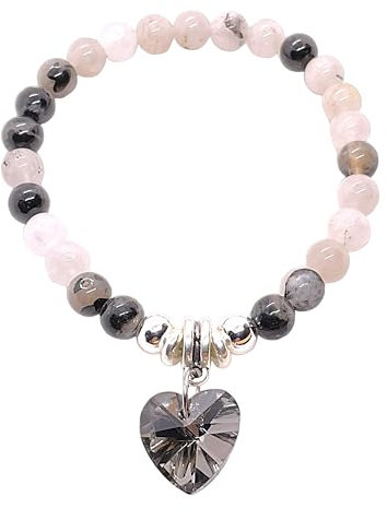 Steinfixx® - Turmalinquarz Perlenarmband mit Glitzerherz und 925 Silberperlen - Hochwertiges Edelsteinarmband handgefertigt inclusive edler Geschenkbox