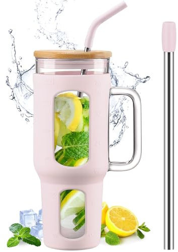BLUEGO Glass Tumbler with Lid and Straw, 1400ml Iced Coffee Cup with Handle, Glass Water Bottles with Silicone Sleeve, 1.4L Glass Cup with 2 Straws, BPA Free, Pink
