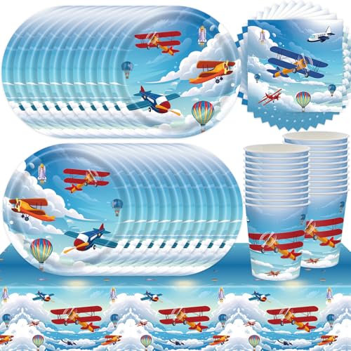 61Pcs Airplane Birthday Party Tableware Set, Airplane Party Decorations, Airplane Theme Party Supplies, Kids Party Decorations, Airplane Plates Napkins Paper Cups Tablecloths (20 Guests)