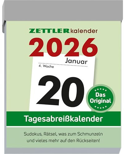 Zettler Tagesabreißkalender M 2026 5,4x7,2 cm Bürokalender 1 Tag auf 1 Seite mit Sudokus, Sprüchen, Rätseln uvm. Auf den Rückseiten