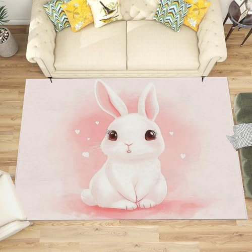 NAWVNMI Kaninchen Muster Kinder Mädchen Jungen Teppich Schlafzimmer Dekorativ Kinderzimmer,Matten Krabbelmatte Modern Weichem Flanell Kinderteppiche Waschbar (Hase Rosa,120 x 180 cm)