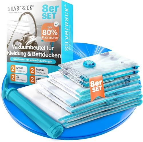 SilverRack Vakuumbeutel für Kleidung, Vakuumierbeutel Bettdecken, Reise | Vacuum Bags, Aufbewahrung - 8 Vakuumtüten: 2x 40x60 cm, 2x 50x70 cm, 2x 60x80 cm, 2x Jumbo 80x100 cm, Handpumpe & Etiketten