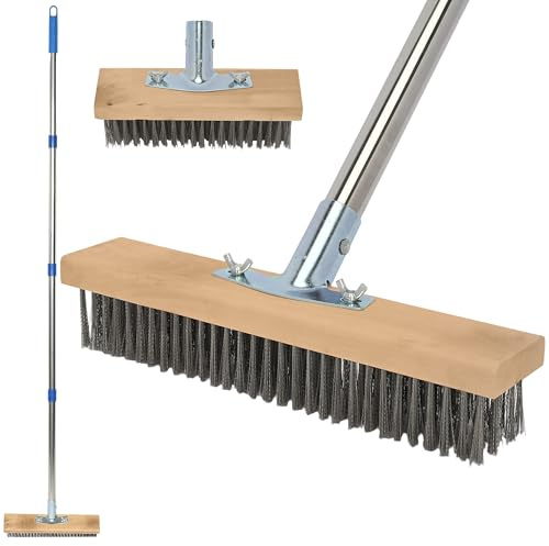 ohbien 2Pcs Stainless Steel Wire Broom 63inch with 20cm Replacement Brush Head, Stiff Metal Bristle Deck Scrub Brush Outdoor Floor Scrub Brushs for Removing Weed Moss Algae for Patio Deck Garden