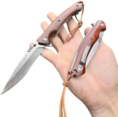 Obespina Couteau Pliant Poche Damas Acier 67 Couches VG10 forge linerlock custom camping edc artisanat gentlemen roulement bille bois decoupe lame tranchante collection Cadeau Homme