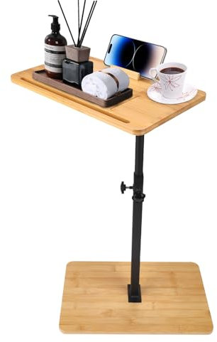 Gxpjycfob C-Shaped Side End Table, Adjustable Height Side Table Bamboo with Rotatable Phone Holder, Over Bed Table with Wine Glass Holder, Snack Coffee Tray Bed Side Table for Sofa Bed Bathtub(01)
