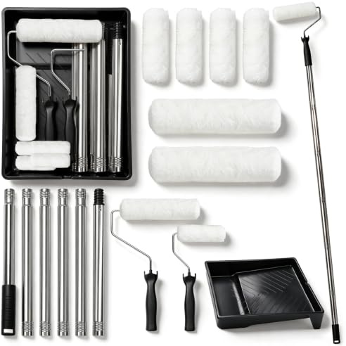 Qivine Rodillo Pintura Pared Antigoteo, Juego de 15 Rodillos para Pintar Paredes con Barra Telescópica, Cepillo de Pintura con Bandeja para Casa, Aredes y Techos