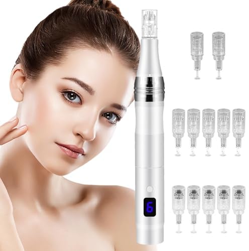 Vicloon Elektrisch Microneedling Pen, Elektrischer Dermapen mit LCD Bildschirm und 6 Stufen, Einstellbar 0-2,5mm Drahtloser Derma Pen, Microneedle Haut Reparatur Tool (inkl.12 Nadelpatronen)-Silber