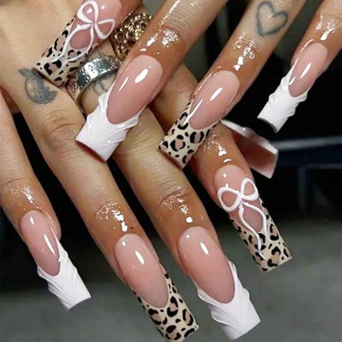octoswave OCTOSWAVE Long Square False Nails French Tip Nude Pink Leopard Print Bow 24pcs False Nails Set with Jelly Stickers, Prep Pads