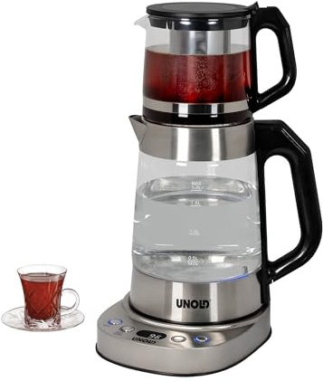 Unold Samowar Selin 18215 Samowar 2-in-1 Teekocher & Wasserkocher 1,7L + 1,0L Teekanne Borosilikatglas mit Edelstahlsieb, 92–100°C, Warmhaltefunktion, Überhitzungsschutz, Kalkfilter, Edelstahl, 1800W