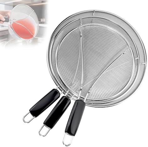 13/12/10 Inch Perforated Splatter Guard Set – Food-Grade Stainless Steel Cooking Screen with Comfortable Grip | Stops Oil Splashing