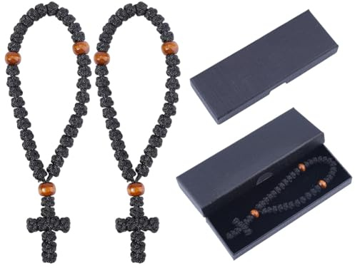 WEBEEDY 2 Pcs Orthodox Cross Bracelet 33 Knot Orthodox Prayer Rope Bracelets with Jewelry Box, Protection Blessing Cross Charm Christian Gift for Car Hanging Easter Confirmation Baptism Gift