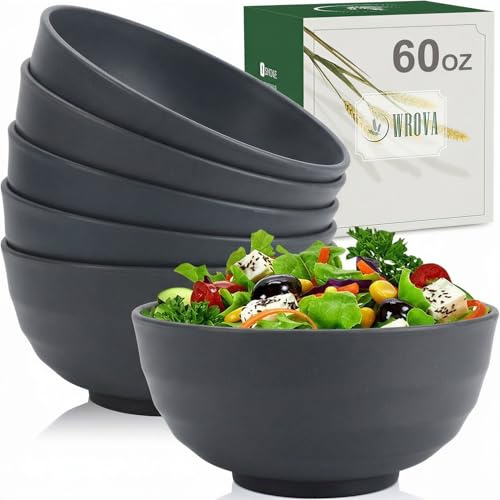 Wrova Plastic Bowls Set 60 OZ Unbreakable Large Bowl Set of 6 - Microwave and Dishwasher Safe, Reusable Plastic Bowl for Camping and Party - Big Bowl for Serving Ramen and Salad - Grey
