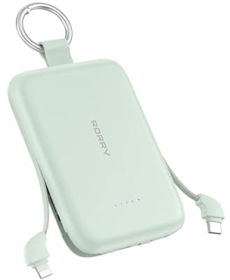 RORRY CharmGo 10000mAh Powerbank, Klein Power Bank PD 30W Schnellladen | Akku-Pack mit integriertem Kabel und Schlüsselanhänger, Tragbarer Externer Akku für iPhone 17/16/15,AirPods 2/3/4/Pro,Grün