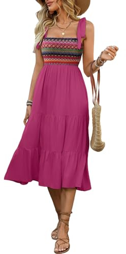 KUNJLELP Vestito Donna Elegante Senza Maniche con Spalline Abito Midi Boho Chic con Balze Vestito Estivo Casual da Spiaggia Vacanza