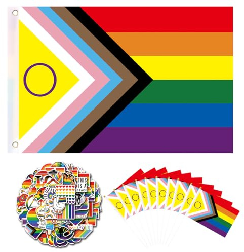 Bandera del orgullo Progress, bandera de arco iris grande (150 x 90 cm) + 57 pegatinas LGBTQ + 10 piezas de bandera pequeña del orgullo con 2 ojales de latón para actividades LGBTQ