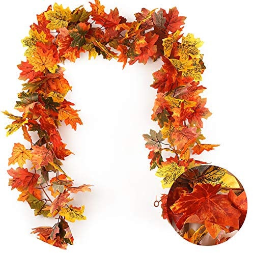 RECUTMS 2 Pack Autumn Garland Maple Leaves Fall Garland 5.8Ft Autumn Leaves Decorations Hanging Vine Autumnal Leaf Plants For Thanksgiving Halloween Table Fireplace Staircase Home Decor