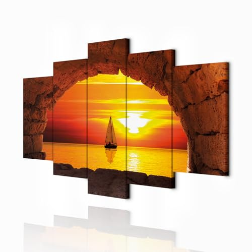 decomonkey Cuadro Lienzo Paisaje Mar Barco Puesta de Sol 100x50 cm 5 piezas | Impresión sobre material tejido no tejido, decoración de cuadro de pared, gráfica fotográfica, para salón, diseño 34