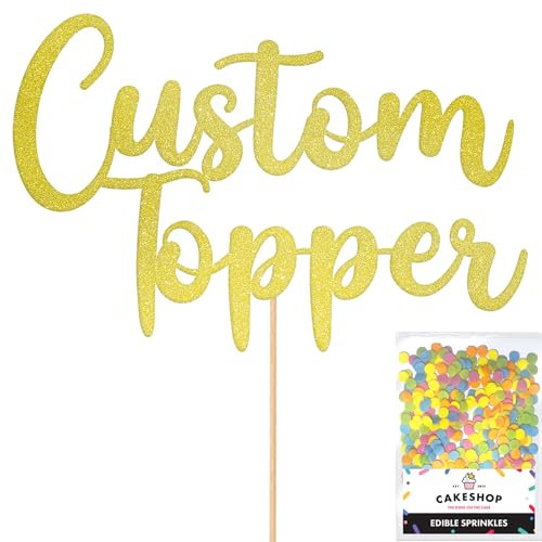 Any Text Personalised Glitter Cake Topper - Champagne Name, Age, Words Glitter Cake Decoration and Sprinkles - Happy Birthday Decorations - Personalised Toppers for Cakes by Cakeshop