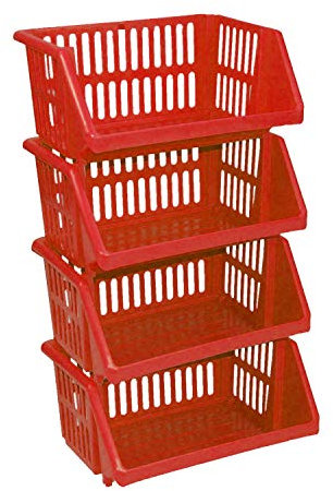 Large 4 Tier Stacking Baskets Storage Veg Rack Plastic Stackers, Black, Length 35.5 cm x Depth 28.5 cm x Height 17.5 cm (Red)
