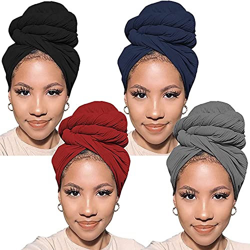 Xtrend 4 Stück Stretch-Jersey-Turban-Kopfwickel, extra lang, gestrickt, urbanes Haar, ultraweich, einfarbig, leicht, atmungsaktiv, afrikanisches Stirnband, Krawatte für Damen (Schwarz, Marineblau