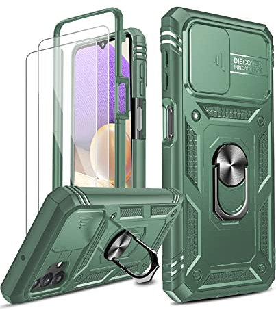 LeYi for Samsung Galaxy A32 5G Case with Slide Camera Cover and 2 Tempered Glass Screen Protector, Ring Holder Full Body Protective Heavy Duty Tough Shockproof Girl Hard Phone Cover, Green