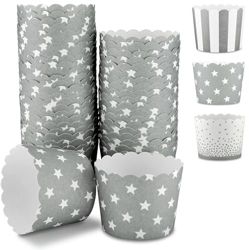 Frau WUNDERVoll® 100 Muffin Backformen grau, weiße Sterne, Durchmesser 5 cm/Muffins Muffinbackform Muffinform Form Backförmchen Cupcake Formen Förmchen Papier Cupcakeformen