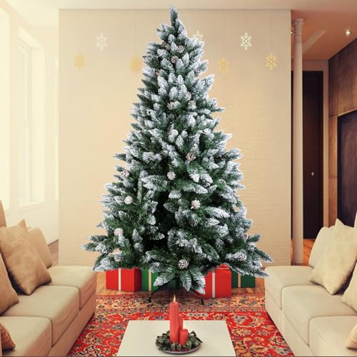 NONMON Snow Christmas Tree 6ft with Pine Cones Premium PVC Tips Realistic Artificial Flocked Christmas Tree With Metal Stand for Xmas Indoor Home Office Party Outdoor Holiday Decoration