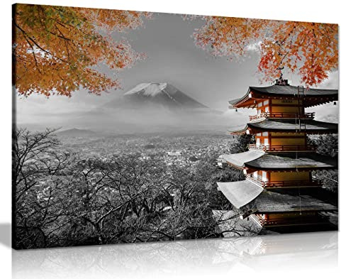 Japanese Temple In Autumn Black White Orange Canvas Wall Art Picture Print Home Decor 91x61cm (36x24in)