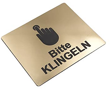 Schild „Bitte klingeln“, Klebesticker-Hinweis, GOLD graviert mit universellem Icon-Symbol und Text auf Deutsch ¦ Türschild ¦ (Größe 12 cm x 10 cm) (Gold)