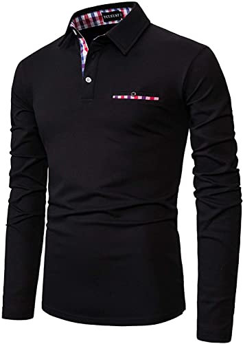 YCUEUST Coton Treillis Homme Manche Longue Polo Casual Basic Tennis Golf T-Shirt (Noir, M)