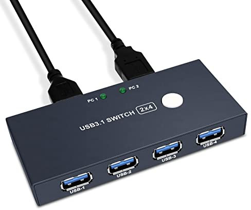 USB3.0 Switch 2 PC Sharing 4 USB3.0 Geräte, USB3.0 Switcher 2 In 4 Out Sharing Tastatur Maus und Drucker USB Umschalter für 2 Computer, mit 2 USB 3.0 Kabel