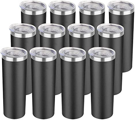 HASLE OUTFITTERS Skinny Tumbler aus Edelstahl, 590 ml, doppelwandig, vakuumdünn, mit Deckel, wiederverwendbarer Metall-Reise-Kaffeebecher, 12 Stück, Schwarz