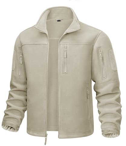 CRYSULLY Giacca tattica da uomo con cerniera intera giacca invernale in pile morbido con tasche con cerniera, Beige, X-Large
